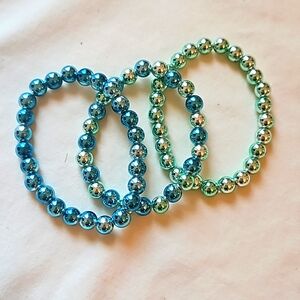 Hand Crafted Hematite Stretch Bracelet Set in Green & Blue.